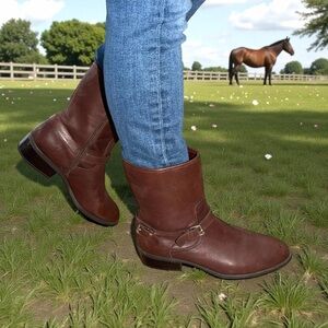 Lauren Ralph Lauren Mesi Brown Leather Equestrian Buckle Ankle Boots